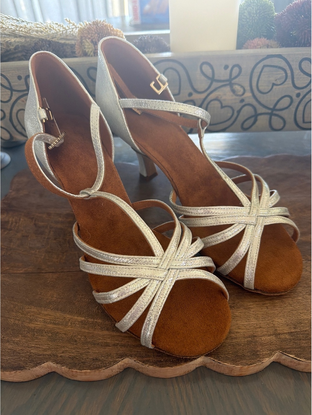 Women's Silver T-Strap Dance Heels Size 8.5